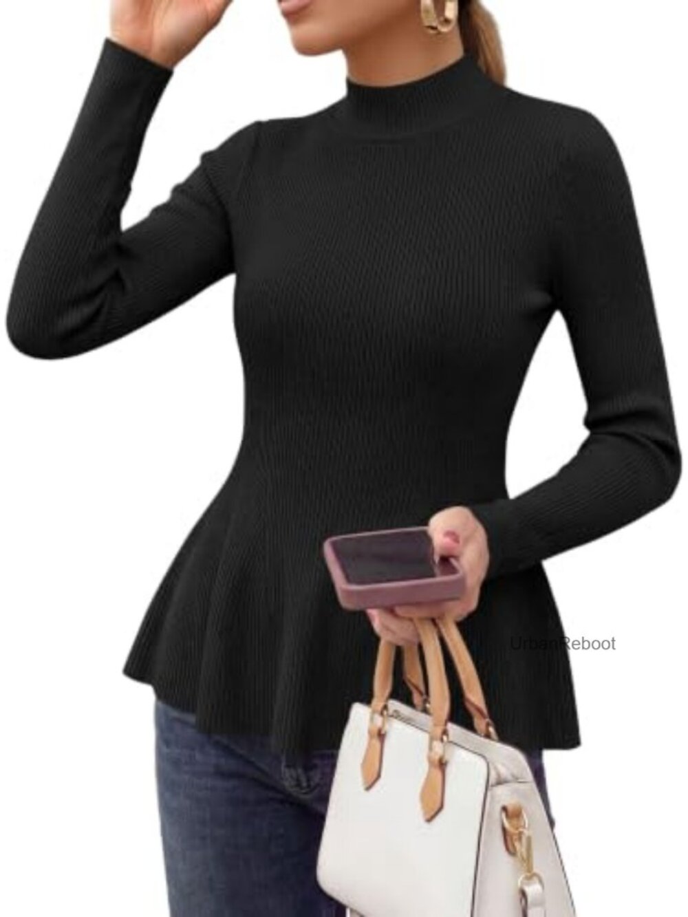 Mock Neck Long Sleeve Peplum Ribbed Knit Sweater Ruffle Hem Pullover